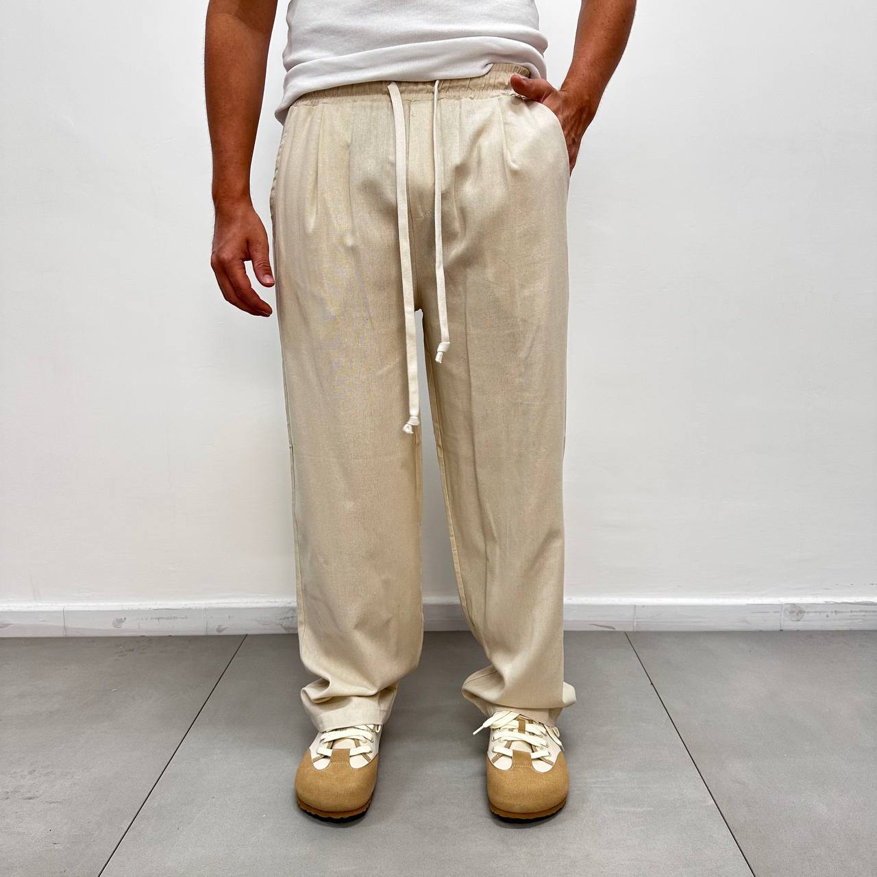 Pantalone elastico in lino beige