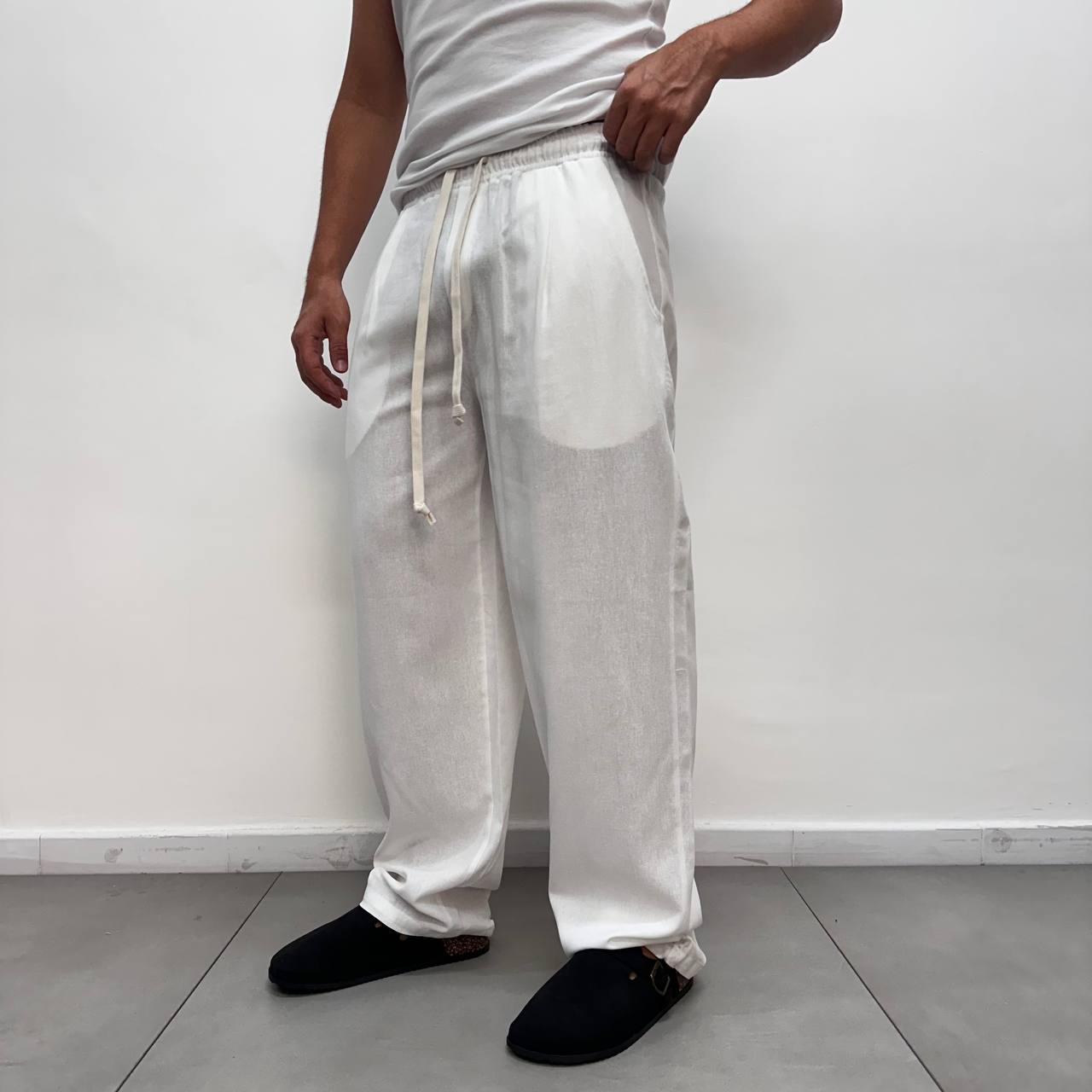 Pantalone elastico in lino bianco