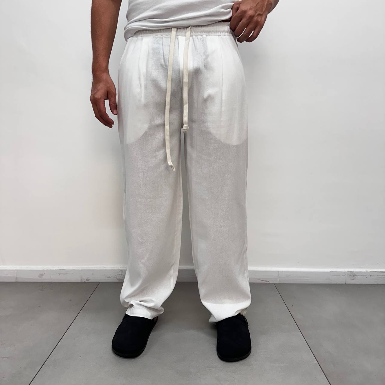 Pantalone elastico in lino bianco