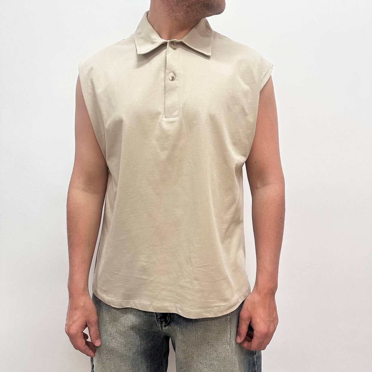 Smanicata Polo Crop Beige